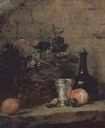 Jean Baptiste Simeon Chardin Silver wine bottle grapes peaches plums and pears Spain oil painting reproduction